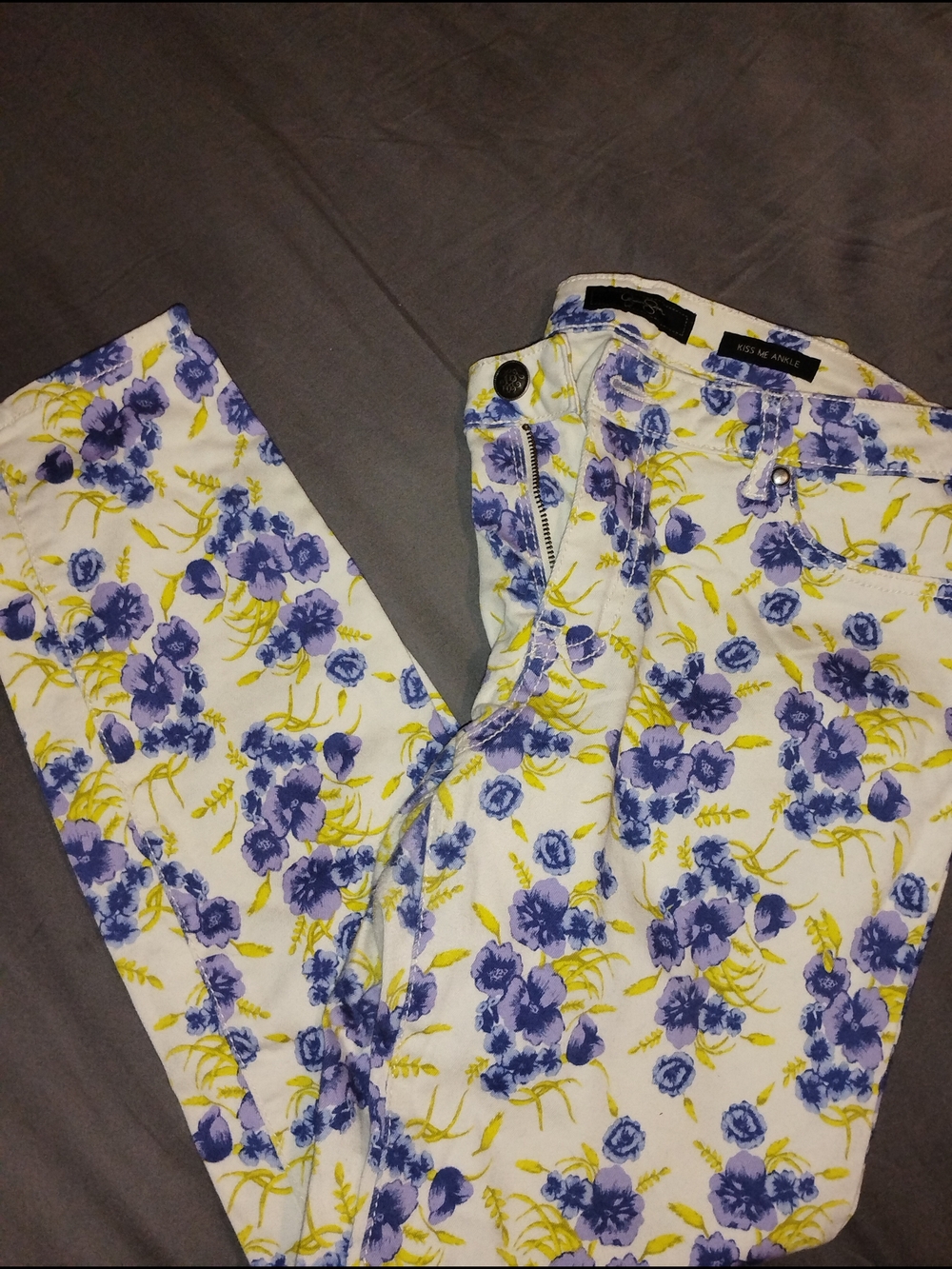 Jessica Simpson Kiss My Ankle White Jeans with Purple and Yellow Floral Print